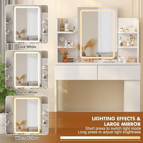 Devoko Dressing Table with LED Lighting Mirror,3 Light Colors,Adjustable Brightness,Vanity Table,Makeup Desk with 2 Drawers and 4 Storage Shelves, 90 x 40 x 135 cm, Modern White thumbnail 4