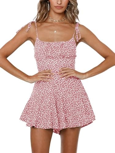 Jeanewpole1 Women's Boho Floral Wide Leg Short Romper Spaghetti Strap Smocked Jumpsuit - Image 1