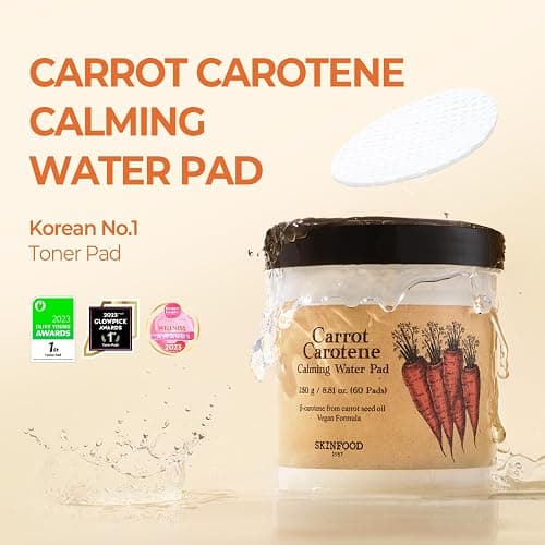 SKINFOOD Carrot Carotene Calming Water Toner Pads, Korean Skin Care Toner Pad for Face, Deep Hydrating, Soothing, After Sun Skincare for Sensitive Skin, Redness Relief, 100% Cotton, 8.81 oz (60 Pads) thumbnail 4