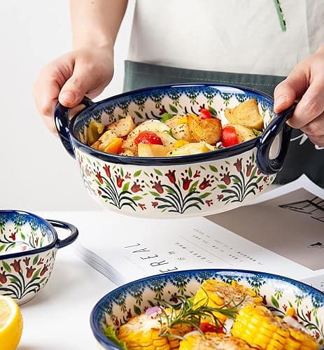 Bicuzat Vintage Style Tulip Flower Pattern Ceramic Bakeware Casserole Dish Baking Pan Lasagna Pans Baking Dish with Handles for Oven/Cooking/Kitchen-1 PCS-32 OZ thumbnail 6