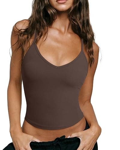 OMKAGI Racerback Workout Tops for Women Built in Bra Cute Open Back V Neck Longline Sports Bra Top - Image 1