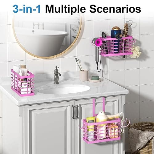 Sevenblue Hair Tool Organizer, 3-in-1 Universal Hair Dryer Holder, Adjustable Height Metal Blow Dryer Holder Wall Mounted/Over Cabinet Door/Free-Standing (Pink) thumbnail 3