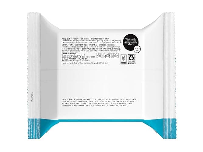Amazon Basics Makeup Remover Wipes, Gentle Cleansing, Dermatologist Tested, Hydrating with Hyaluronic Acid, Plant-Based, Alcohol-Free, Removes Waterproof Mascara, No-Rinse Formula, 25 Count, 6-Pack thumbnail 2