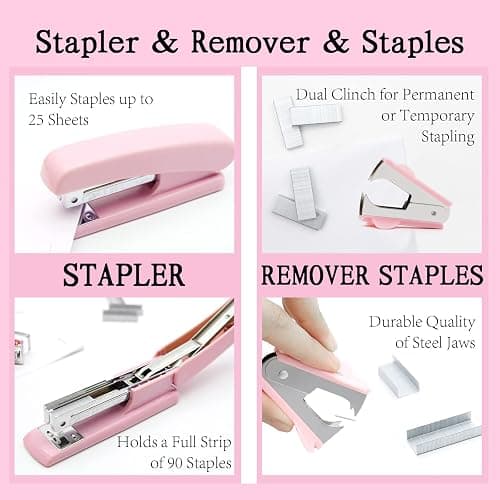 Pink Office Supplies, UPIHO Pink Desk Accessories, Stapler and Tape Dispenser Set for Women with Stapler, Tape Dispenser, Staple Remover, Staples, Clips, Scissor and Tabs,Gift for Students, Coworkers thumbnail 5