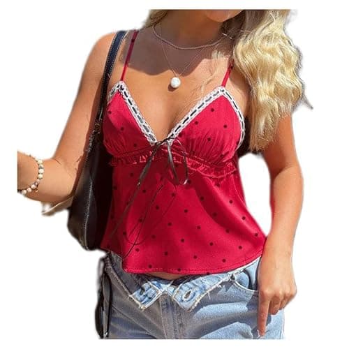 Women Polka Dot Cami Top Y2k Lace Trim Ruffled Hem Cami Top Adjustable Spaghetti Strap Polka Dot Bow Tie Camisole - Image 1