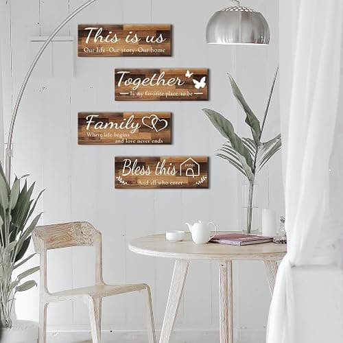 4 Pieces Home Wall Signs, THIS IS US/TOGETHER/BLESS THIS HOME/FAMILY Wall Decor For Living Room Bedroom, Rustic Wooden Farmhouse Wall Art , 4.7 x 13.8 Inch(Brown) thumbnail 9