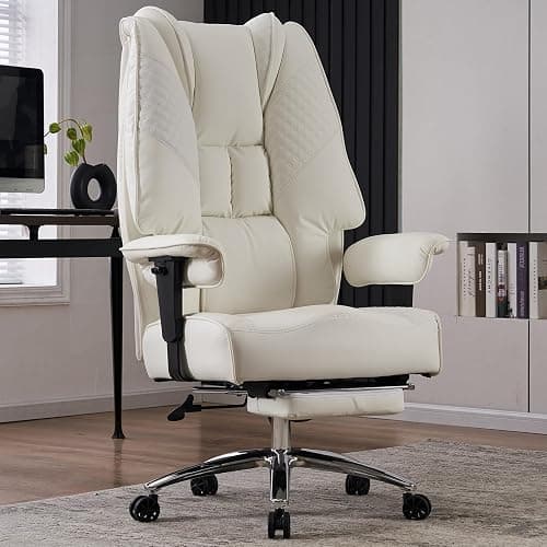 EXCEBET Big and Tall Office Chair 400lbs Wide Seat, Leather High Back Executive Office Chairs with Foot Rest, Ergonomic Lumbar Support for Lower Back Pain Relief (White) - Image 1