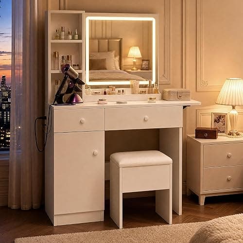 Haewon Vanity Desk Set with Lighted Mirror and Chair, White | Makeup Table with 3 Color Lighting Modes, Charging Station, Storage Cabinet and Drawers for Bedroom thumbnail 8
