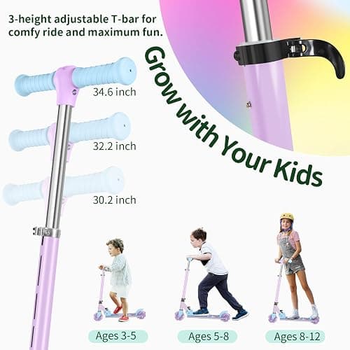 BELEEV V2 Scooters for Kids with Light-Up Wheels & Stem & Deck, 2 Wheel Folding Scooter for Girls Boys, 3 Adjustable Height, Non-Slip Pattern Deck, Lightweight Kick Scooter for Children Ages 3-12 - Purple thumbnail 4