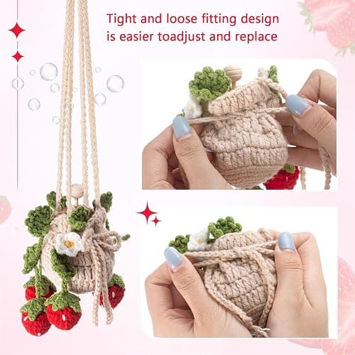 DaisyInner Cute Crochet Plant Car Freshener 12ml Empty Refillable Diffuser Bottle with Plants Hanging Accessories for Rearview Mirror Home Office Decor Women Christmas Gifts(Strawberry) thumbnail 6