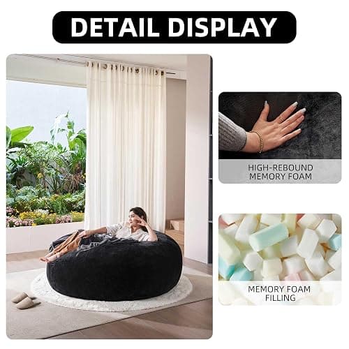 Extra Large Bean Bag Chairs for Adults，5FT,Bean Bags with Filler Included,Memory Foam Chair,Soft and Comfortable Jumbo Bean Bag,Leisure Chair Suitable for Bedroom and Balcony Dormitory (Black) thumbnail 5