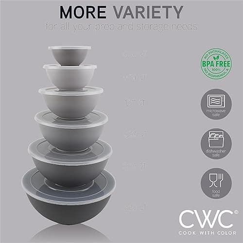 COOK WITH COLOR Plastic Nesting Mixing Bowls Set - 12 Piece includes 6 Prep Bowls and 6 Lids, Microwave Safe (Gray Ombre) thumbnail 6
