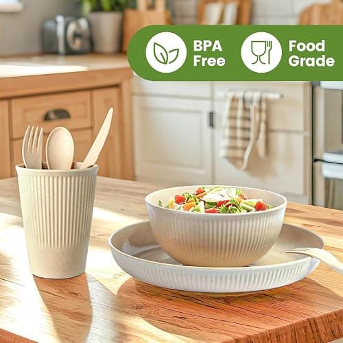 36-Piece Reusable Wheat Straw Dinnerware Sets for 6, Farielyn-X Unbreakable Reusable Set Kitchen Cups, Plates, Bowls Sets & Cultery Dishwasher Microwave Safe - Patio, Outdoors, RV, Camping Dishes thumbnail 7
