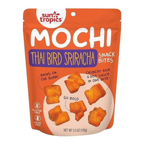 Sun Tropics Mochi Snack Bites, Thai Bird Sriracha Flavor- 3.5 oz (6 Pack)| Crispy Spicy Mochi Bites, Rice Nuggets | Mochi Puff Rice Crackers- Gluten Free & Dairy Free- No MSG Added | Asian Rice Snacks - Image 1