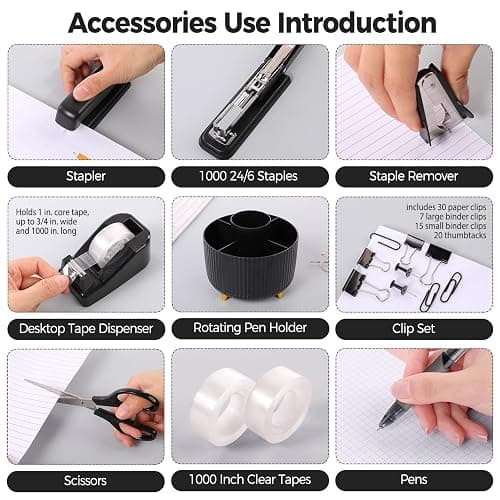 SKYDUE Black Office Supplies, Black Office Desk Accessories 10PCS, Pencil Holder for Desk, Stapler, Tape Dispenser, Scissors, Ruler, Clips and 1000pcs Staples, Desk Supplies Set thumbnail 4