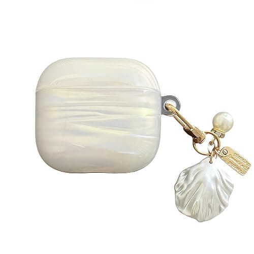 for Airpods 4 Case Cover - Soft TPU Protective Case for Apple Airpod 4 Generation 2024 with Shell Pearl Keychain, Glitter Shell Pattern Airpods 4 Cover for Girls Women, Dazzling White - Image 1