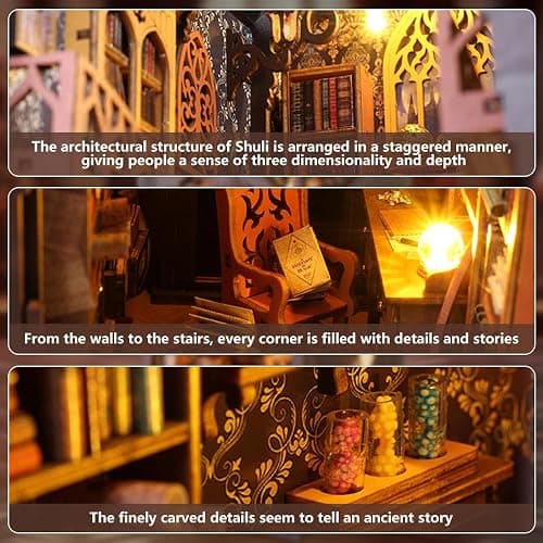 IXYHKB DIY Book Nook Kit, DIY Miniature Dollhouse Book Nook, 3D Wooden Puzzle Art Bookshelf with LED Lights, Creative Wooden Puzzle Bookends, Miniature Bookends Building Model Kit for Adults Teens thumbnail 7