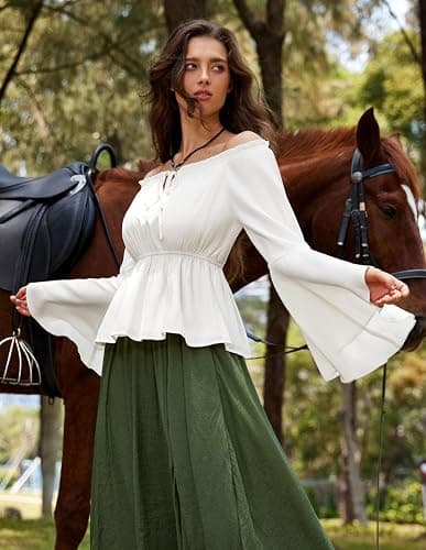 Scarlet Darkness Renaissance Shirt Women Peasant Blouse Off Shoulder Tops Pirate Costume - White - Medium thumbnail 4