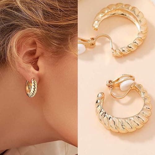Gold Earrings for Women Clip on Hoop Earrings Trendy Twist Round Chunky Gold Earring No Piercing Fake Earring Jewelry Gifts thumbnail 4