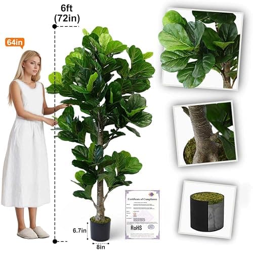 Aveyas 6ft Artificial Fiddle Leaf Fig Tree for Home Decor, 6 Feet Large Faux Plant Fake Ficus lyrata Silk Trees with Pot for Indoor Outdoor House Living Room Office (6 ft Tall) thumbnail 3