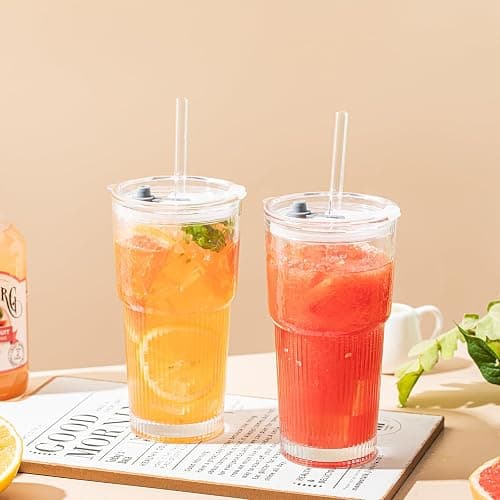 SoulTimes 20oz Glass Tumblers with Lids and Straws, Set of 2 - Stylish Ribbed Design Drinking Glasses for Iced Coffee Cups, Juice, Smoothies, Cold Beverages, Includes Cleaning Brush, Durable Glassware thumbnail 5
