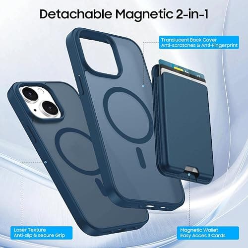 Ntwinro Magnetic for iPhone 13 & iPhone 14 Case (Compatible with MagSafe) with Detachable Wallet & Card Holder for 3 Cards [RFID Blocking] Military Grade Protective Slim Phone Cover, Deep Blue thumbnail 3