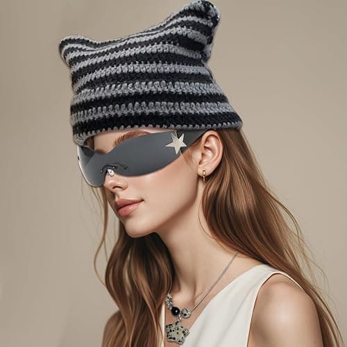 6PCS Therian Stuff,Y2k Jewelry Set with Grunge Necklace,Fingerless Gloves,Knitted Emo Beanie, Bracelet,Glasses,Leg Warmers thumbnail 3