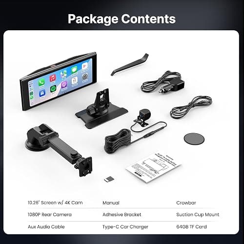 WonVon Wireless Car Play Screen, 10.26'' Monitor with Apple Carplay & Android Auto, 4K Dash Cam 64G, 1080P Backup Camera, Portable Smart Touch Tablet Stereo Multimedia Dashboard, Bluetooth/FM/GPS/AUX thumbnail 9