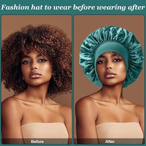 4PCS Silk Satin Bonnets for Black Women & Men - Elastic Wide Band Hair Wrap Cap for Curly Hair - Shower Cap for Sleeping (Black, Peacock Blue, Pink, Khaki) thumbnail 4