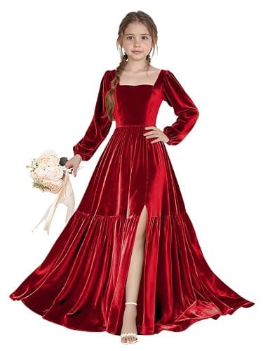 Chyrbaby Long Sleeve Velvet Junior Bridesmaid Dresses Girls Holiday Dresses with Slit Christmas Maxi Dress Formal Party Gown thumbnail 2