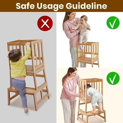 COSYLAND Kids Kitchen Step Stool，Toddler Standing Tower with CPC Certification, Removable Anti-Drop Railing Safety Rail Unique Patented Design Anti-tip Structure More Stable, 1.5-3 yrs Natural Bamboo thumbnail 4