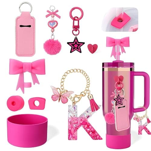 AIERSA 9PCS Cup Accessories Set for Stanley Cup 30oz 40oz Tumbler with Handle, Including Bow Straw Topper Cover Cap and Boot, Spill Proof Stopper, Initials Letter Charms for Handle, Pink Keychain (K) - Image 1