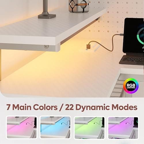 Bestier White Computer Desk with Charging Port & LED Strip,42 inch Modern Gaming Desk with Reversible Storage Shelves,Small L Shaped Desk with Hooks for Home Office - 42 Inch - White Carbon Fiber thumbnail 9