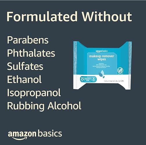 Amazon Basics Makeup Remover Wipes, Gentle Cleansing, Dermatologist Tested, Hydrating with Hyaluronic Acid, Plant-Based, Alcohol-Free, Removes Waterproof Mascara, No-Rinse Formula, 25 Count, 6-Pack thumbnail 4