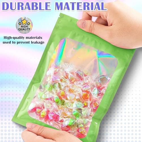 JETMORE 100 Pcs Mylar Bags, Smell Proof Bags Foil Pouch, Holographic Resealable Bags for Small Business, Candy Sample Jewelry Bag Sealable Packaging for Party Favor Food Storage (2.4x3.9in-Green) thumbnail 4