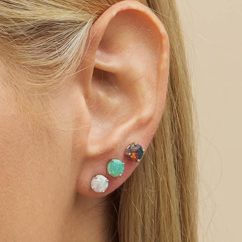 Barzel 18K White Gold Plated Created Opal Stud Earrings 3 Pack Set thumbnail 2