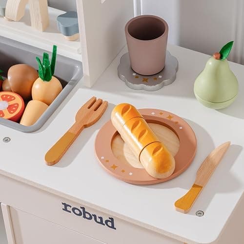 ROBUD Wooden Toy Food Set, Cutting Toy Food for Pretend Play Kitchen Accessories Toyfood Playset with Storage Bag, Toys Gifts for 3+ Year Old Girls Boys thumbnail 5