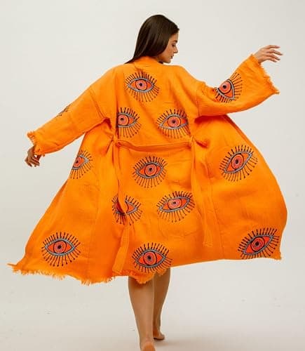 CYC Atelier 100% Turkish Cotton Evil Eye Kimono Robe – Hand Printed Caftan Beach Cover Up – Boho Festival Kimono for Women thumbnail 4