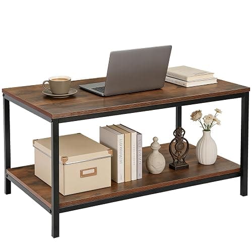 SUPER DEAL 2-Tier Industrial Coffee Table with Storage Shelf for Small Apartment Living Room, Rectangle Wood and Stable Metal TV Stand Side End Table, Rustic Brown thumbnail 7