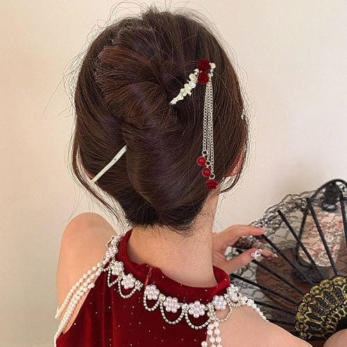 inSowni 8 Pieces Retro Vintage Asian Chinese Traditional Hanfu Gold Metal Rose Flower Butterfly Hair Pins with Bead Pendants Long Hair Sticks Forks Bun Updo Holders Hairpins for Women Girls thumbnail 6
