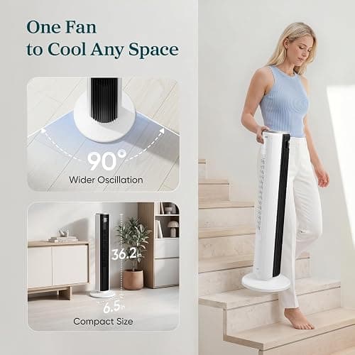 Levoit Tower Fan for Bedroom, 28ft/s Fans that Blow Cold Air, 28dB Quiet | Standing Floor Fan for Room, 90° Oscillating, 5 Speeds 4 Modes & Temp Sensor, Bladeless, 12H Timer, Remoter, 36 inch, White thumbnail 8