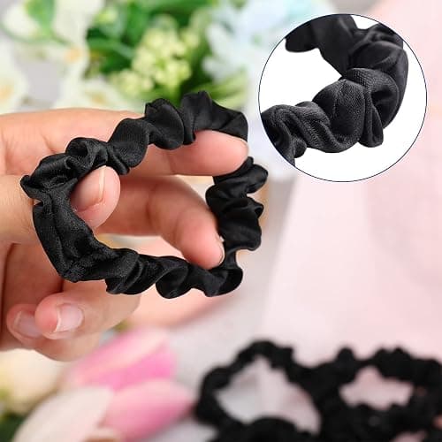 WILLBOND 30 Pcs Black Satin Scrunchies Small Silk Hair Ties Bulk for Women Skinny Thin Ponytail Holders No Crease Mini Hair Band for Thick Curly Pony Tails Wrist Decor thumbnail 3