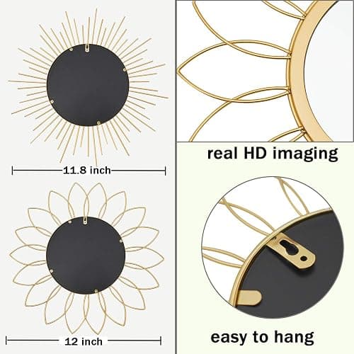 3 Pack Metal Mirrors for Wall Sunburst Wall Mirrors Home Décor Decorative Hanging Wall Art for Living Room Bedroom Entryway (Gold, Flower+Sunburst) thumbnail 7