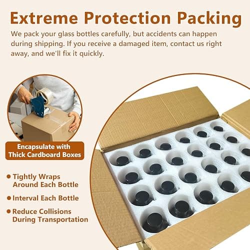 24 Pack 8oz Amber Glass Boston Round Bottles with Phenolic Polycone Caps – Airtight, Leak-Proof Brown Glass Containers for Kombucha Brewing, Storing Condiments, Essential Oils, and Homemade Solutions thumbnail 8