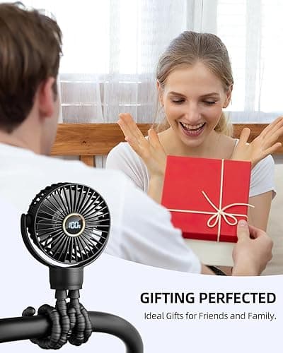 Portable Stroller Mini Fan, Small Rechargeable Personal Fan, Baby Travel Essentials for Wagon, Car Seat, Treadmill, Battery Powered Biking Gear Accessories, 360° Rotation, 3-Speed, Display, Black - Black - Classic thumbnail 7