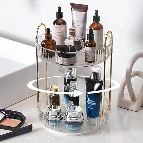 shuang qing Rotating Makeup Organizer for Vanity, High-Capacity Skincare Clear Make Up Storage Perfume Organizers Cosmetic Dresser Organizer Countertop 360 Spinning (Clear, 2 Tier) - Image 1