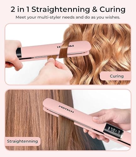 PRITECH Flat Iron Hair Straightener, Titanium Flat Iron with Adjustable Temp(290°F-450°F), 1 inch Plate for All Hairstyles Anti-Frizz Dual Voltage Straightening and Curler 2 in 1 (Pink) thumbnail 4