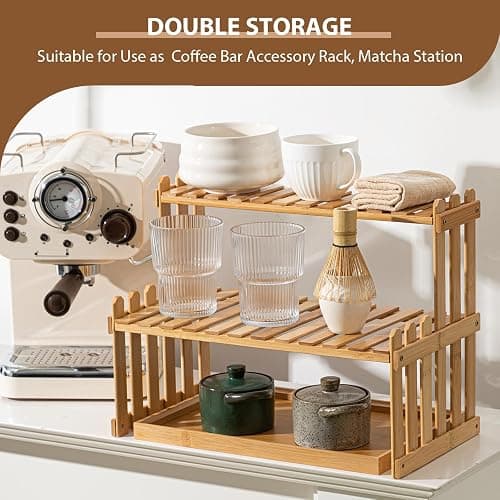 Kathfly 14.6 2-Tier Matcha Station Shelf Stand with 13 Bamboo Matcha Tea Serving Tray Coffee Station Organizer Coffee Bar Storage Rack Mug Holder Countertop for Tea Desktop Flower Pot Cup Display thumbnail 5