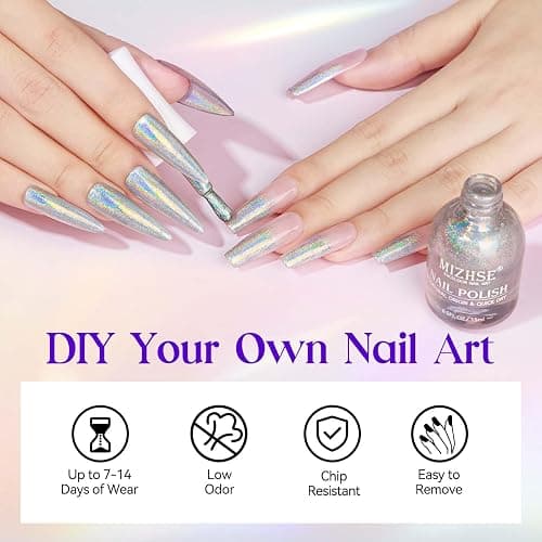 MIZHSE Holographic Nail Polish, Silver Glitter Nail Polish Air Dry Fast, 15 ml 0.5 fl oz High Glossy Shiny Nail Pigment Oil-based Laser Iridescent Nail Lacquer Chrome Halo Nail Art Salon Manicure Home thumbnail 6