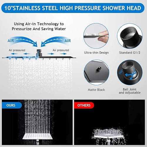 Shower Head Combo,10 Inch High Pressure Rain Shower Head with 11 Inch Adjustable Extension Arm and 5 Settings Handheld Powerful Shower Spray Against Low Pressure Water - Matte Black thumbnail 4